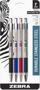 Zebra Pen STEEL F-301 Ballpoint Pen, Black, Blue, Red, Green, 0.7mm, 4-Pack | Black/Blue/Red/Green — 1