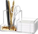 HBlife Acrylic Pen Holder for Desk, 3-Compartment Small Desk Organizer, Clear Office Supplies Desk Accessories with Sticky Notes Holder Stores Post It Notes 3X3 for Office, Home and School — 1