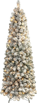 SHareconn 6ft Prelit Snow Flocked Artificial Hinged Slim Pencil Christmas Tree with Warm White Lights, Flocked Pencil Spruce Tree, Perfect Decoration Choice for Xmas Holiday, 6 FT, Flocked Green — 1
