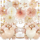 Champagne-Gold Beige Fall Boho Birthday Party Decorations 62pcs Happy Birthday Banner, Peach White Paper Lanterns, Streamers, Tissue Pom Poms, Blush Beige Boho Party Balloons, Rustic Backdrop Decor — 1