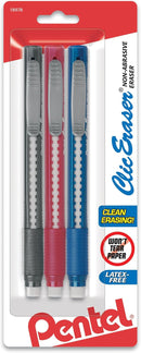 Pentel Clic Retractable Eraser with Grip, Assorted Barrel Colors (ZE21BP3M) (Pack of 3) | Multicolor | 3 Pack — 1