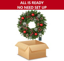 24 Inch Pre-Lit Artificial Christmas Wreath for Front Door, Christmas Door Decorations Wreath with LED Warm Lights, Balls, Pine Needles, and Red Berries Wall Windows Ornament — 4