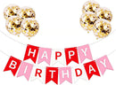 Happy Birthday Banner Sign Bunting Hanging Decorations with 8Pcs Shiny Gold Balloons Birthday Party Sign Decor for Party Supplies | Red Pink — 1