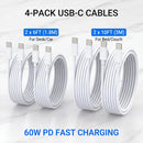 TZBAY 4-Pack (6ft 6ft 10ft 10ft) 60W USB C to USB C Fast Charging Cable 6