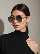 Oversized Aviator Sunglasses For Women 70s Retro 2025 Metal Shades with Gold Streamline Arms | Gold Frame - Black Lens — 2