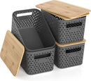 Plastic Storage Bins with Bamboo Lids, Stackable Small Box Baskets for Organizing and Containers for Shelves Drawers Desktop Closet Pantry Classroom Office Home, 4 Pack 12x7.3x6.2 Inch, Gray — 1