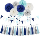 Teal Silver White Navy-Blue Party-Decorations - 30pcs Tissue Paper Flowers Pom Poms Tassel Garland Pennant Banner Flag Streamers Birthday Decorations Boy Men Christmas Baby Shower Winter Hanging Decor | Navy Blue White Silver Teal — 1