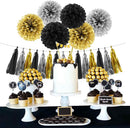 Silver Black Gold Party Decorations - 23pcs Tissue Paper Flowers Pom Poms Tassel Garland Pennant Banner Flags Streamers Birthday New Years Eve Retirement Graduation Classroom Hanging Decor Supplies | Black Gold Silver — 5
