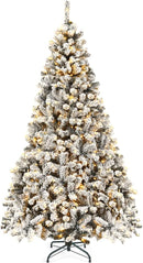 Goplus 7.5ft Pre-Lit Artificial Christmas Tree, Premium PVC Snow Flocked Hinged Pine Tree with Metal Stand and LED Lights, Perfect Xmas Decoration for Indoor and Outdoor — 1