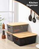 AREYZIN Storage Bins with Bamboo Lids Set of 6 Lidded Storage Container Plastic Baskets Organizer Bins for Organizing Kithen Room Bedroom Office Closet, Sturdy(Black) — 6