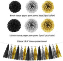 Silver Black Gold Party Decorations - 23pcs Tissue Paper Flowers Pom Poms Tassel Garland Pennant Banner Flags Streamers Birthday New Years Eve Retirement Graduation Classroom Hanging Decor Supplies | Black Gold Silver — 3
