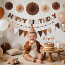 3D Happy Birthday Banner, Pre-Strung Felt Party Decorations (Brown) | Brown White — 2