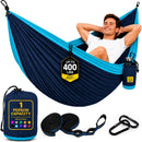 Durable Hammock 400 lb Capacity, Nylon Camping Hammock Chair - Double or Single Sizes w/Tree Straps and Attached Carry Bag - Portable for Travel/Backpacking/Beach/Backyard (Medium, Blue & Light Blue) — 1