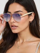 Oversized Aviator Sunglasses For Women 70s Retro 2025 Metal Shades with Gold Streamline Arms | Gold Frame - Gradient Grey Lens — 2