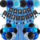 ANSOMO Blue and Black Happy Birthday Party Decorations for Boys Men Banner Balloons Navy Royal Light Blue Pom Poms Foil Curtain Décor Supplies 13th 16th 18th 20th 30th 40th 50th 60th 70th 80th — 1