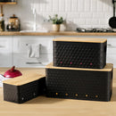 Kitchen Vegetable Storage Set of 3, Metal Onion Garlic Potato Storage Set, Kitchen Canisters Vegetable Keeper Containers with Aerating Holes and Bamboo Lid,Embossed Black — 1