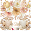 Champagne-Gold Beige Birthday Decorations for Women Girls,Cream Neutral Balloons Décor,Happy Banner,Boho Peach Paper Lanterns Tissue Pom Poms Fan,Anniversary Princess Backdrop Party Supplies | Champagne Gold Beige — 1