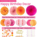 Hot-Pink Orange Birthday Decoration for Women Girl, Fall Peach Burnt-Orange Gold Balloon Décor-Happy Banner, Streamers Lanterns Honeycomb, Tissue Flowers Pom Poms Fan, Boho Sunset Autumn Party Décor — 3
