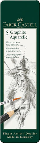Faber-Castell 5 Piece Quality Water-Soluble Graphite Aquarelle Pencils in a Tin, Including HB, 2B, 4B, 6B and 8B, Grey | 5 Count (Pack of 1) | 5-piece set — 2