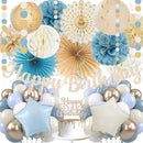 Dusty Blue Beige Champagne Women Birthday Decorations, Boho Neutral Boys Girls Blue Party Décor With Fog Cream Gold Balloons,Happy Banner Garland,Paper Lanterns, Honeycomb Tissue Pom Poms For Adults | Dusty Blue Beige-champagne — 1