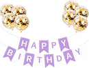 Happy Birthday Banner Sign Bunting Hanging Decorations with 8Pcs Shiny Gold Balloons Birthday Party Sign Decor for Party Supplies | Purple White — 1