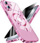 Magnetic for iPhone 16 Case with Privacy Screen Protector & Full Camera Cover,[Non-Yellowing] Plating Glossy Soft Shockproof Clear Phone Case with Women Girls for iPhone16 6.3",Hot Pink — 1