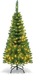 Goplus 4.5ft Prelit Pencil Christmas Tree, Premium Hinged Fir Tree, with Warm White LED Lights and Solid Metal Stand, Easy Assemble, Ideal Artificial Xmas Tree for Home and Office — 1