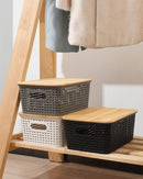 AREYZIN Storage Bins with Bamboo Lids Set of 6 Lidded Storage Container Plastic Baskets Organizer Bins for Organizing Kithen Room Bedroom Office Closet, Sturdy(Black) — 4
