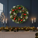 24 Inch Pre-Lit Artificial Christmas Wreath for Front Door, Christmas Door Decorations Wreath with LED Warm Lights, Balls, Pine Needles, and Red Berries Wall Windows Ornament — 6