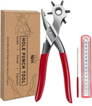 Adorox Heavy Duty Belt Hole Puncher for Leather – 6 Size Revolving Leather Hole Punch Tool with Ruler & Deburring File, Perfect for Belts, Straps, DIY Leathercraft, and Repair | Red+Sliver — 1