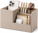 KINGFOM Desk Pen Organizer Office Supplies Caddy Pu Leather Multi-function Storage Box Pen/Pencil,Cell phone, Business Name Cards Remote Control Holder (Mocha Beige) — 1