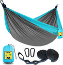 SZHLUX Camping Hammock Double & Single Portable Hammocks with 2 Tree Straps and Attached Carry Bag,Great for Outdoor,Indoor,Beach,Camping,Light Grey / Sky Blue — 1