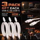 3-Pack 6FT 60W USB-C to USB-C Fast Charging Cable for iPhone 18 Pro/17/Duo 3