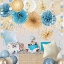 Dusty Blue Beige Champagne Women Birthday Decorations, Boho Neutral Boys Girls Blue Party Décor With Fog Cream Gold Balloons,Happy Banner Garland,Paper Lanterns, Honeycomb Tissue Pom Poms For Adults | Dusty Blue Beige-champagne — 5