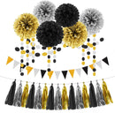 Silver Black Gold Party Decorations - 23pcs Tissue Paper Flowers Pom Poms Tassel Garland Pennant Banner Flags Streamers Birthday New Years Eve Retirement Graduation Classroom Hanging Decor Supplies | Black Gold Silver — 1