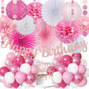 Pink White Birthday Decorations Women Girls, Happy Banner, Paper Lanterns Honeycomb, Tissue Flowers Pom Poms Fan, Light Pink Latex Balloon Pink Confetti Balloons for Birthday Party Décor — 1