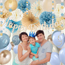Dusty Blue Beige Champagne Women Birthday Decorations, Boho Neutral Boys Girls Blue Party Décor With Fog Cream Gold Balloons,Happy Banner Garland,Paper Lanterns, Honeycomb Tissue Pom Poms For Adults | Dusty Blue Beige-champagne — 6