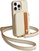 LAMEEKU for iPhone 16 Pro Max Wallet Case with Card Holder, Zipper Leather Crossbody Case with Kickstand Wrist Strap Cover with Phone Grip Holder 6.9 inch Beige — 1