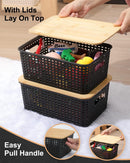 AREYZIN Storage Bins with Bamboo Lids Set of 6 Lidded Storage Container Plastic Baskets Organizer Bins for Organizing Kithen Room Bedroom Office Closet, Sturdy(Black) — 2