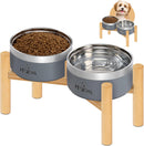 UPSKY 27oz Elevated Stainless Steel Dog Bowls Non-Slip Wooden Stand Grey