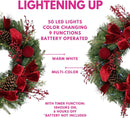 24-Inch Deluxe Christmas Wreath, Luxurious Red Velvet Bow, pinecones, and Vibrant Red Berries, Pre-Lit with 50 Color-Changing LED Lights, Battery Operated — 3