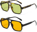 Hycredi Retro Aviator Sunglasses for Women Men, Oversized Square Shades | 2 Pack - (Black/Orange + Leopard/Green ) — 1
