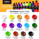 Nicpro 14 Colors Large Bulk Acrylic Paint Set (33.8 oz, 1000 ml) Rich Art Painting Supplies, Non Toxic for Multi Surface Rock Canvas Wood Ceramic Leather Fabric Craft for Adult with Color Wheel | 33.8 Fl Oz (Pack of 14) — 2
