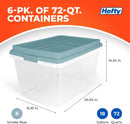 Hefty HI-RISE Stackable Storage Bins - Under Bed Storage Containers with Lids, Shoe Organizer, Plastic Storage Bins, Clear Shoe Boxes with XL Lid-Locking Latches, Durable Double Rim - 72qt (6 Pack) — 2