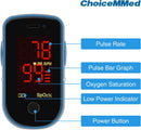 CHOICEMMed Finger Pulse Oximeter, Blood Oxygen Saturation Monitor, Fingertip O2 Sensor with LED Display, Pulse Rate Reader, Portable SpO2 Monitor with Batteries, Carry Case & Lanyard, Blue — 3