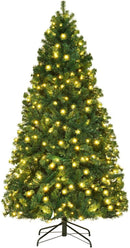 Goplus 7ft Pre-lit Artificial Christmas Tree, Hinged Premium Spruce Xmas Full Tree with 1096 PVC Tips, 300 LED Lights, Folding Metal Stand, for Home Office Party Decoration — 1