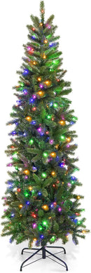 GOFLAME 6ft Pre-lit Pencil Christmas Tree, Artificial Christmas Tree with 270 LED Lights, 10 Light Modes, 648 Branch Tips, Metal Stand, Hinged Xmas Tree for Holiday Festival Decor — 1