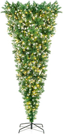 HAPPYGRILL 7.5FT Pre-Lit Upside Down Christmas Tree Snow Christmas Tree with 1100 Branch Tips, 400 LED Lights, 8 Lighting Modes, Artificial Xmas Tree for Holiday Decor — 1