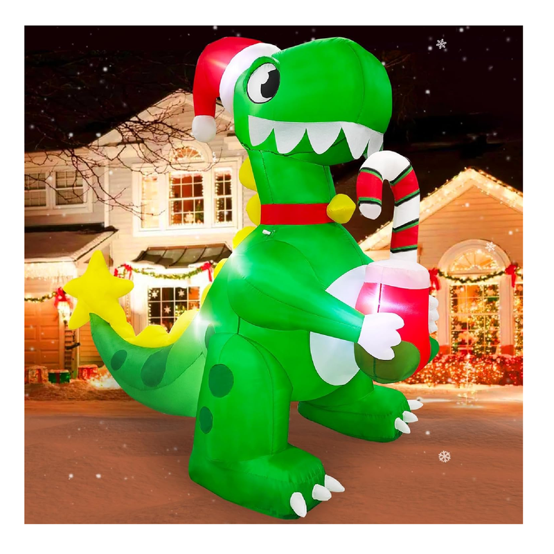 7 FT Christmas Inflatables Dinosaur with Candy Cane Xmas Stocking Outdoor Decorations