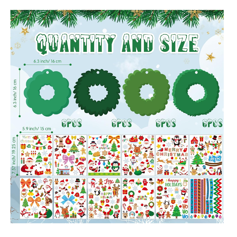 7 x 8 Inch Large 24 Pcs Christmas Cutouts and 12 Pcs Stickers for Kids Christmas Wreaths Crafts DIY Xmas Wreath Cutouts Mini Christmas Wreath Paper Cuts for Classroom Bulletin Board Supplies